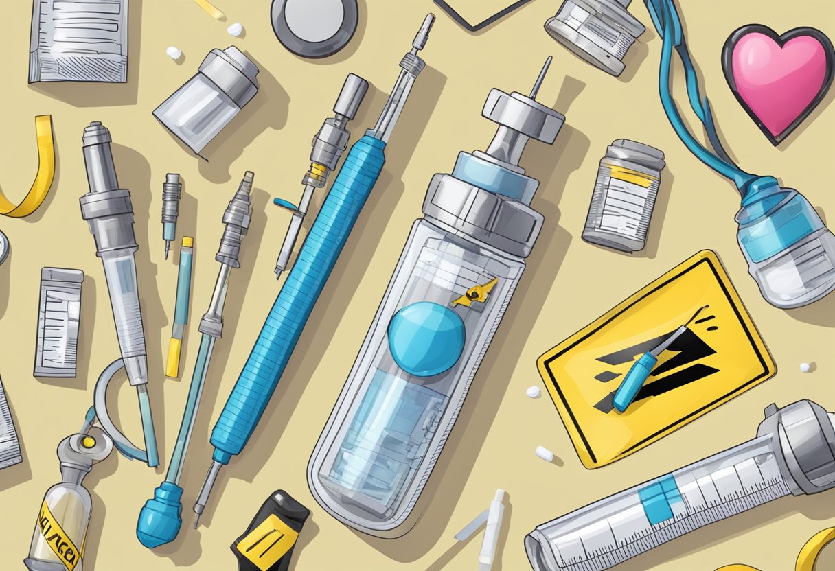 A syringe filled with botox is shown next to a heart symbol, surrounded by caution tape and warning signs