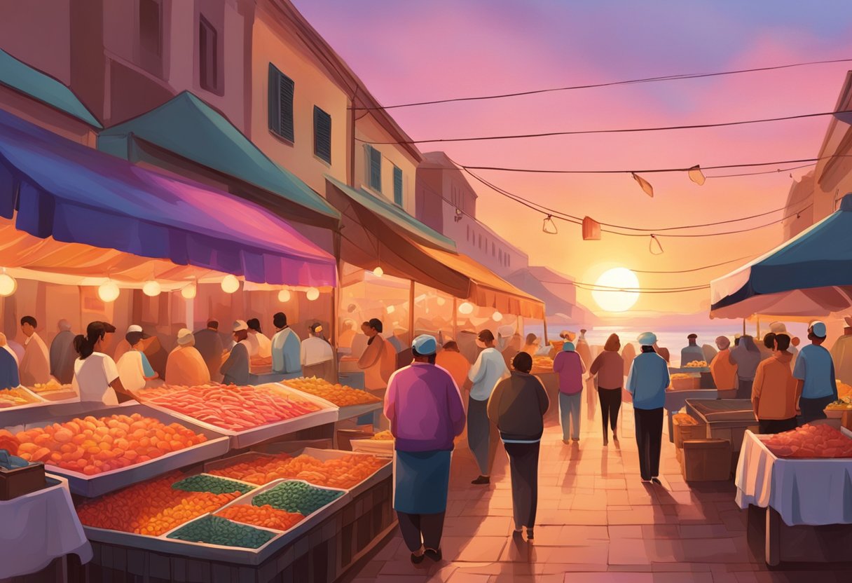 An outdoor seafood market at sunset, with colorful stalls and fresh seafood on display. The sky is painted with warm hues of orange and pink, creating a picturesque backdrop for the bustling scene