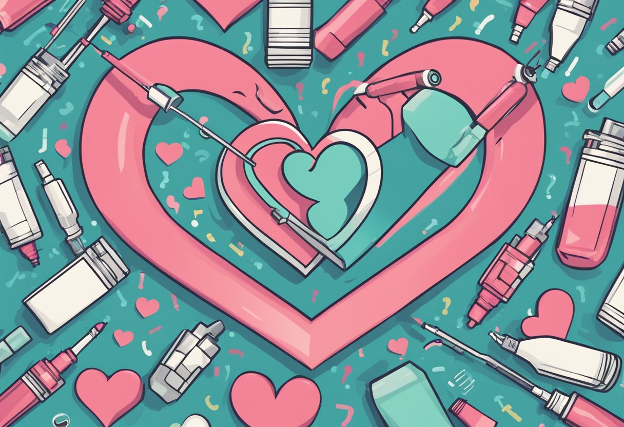A heart symbol surrounded by question marks, with a syringe labeled "Botox" hovering nearby