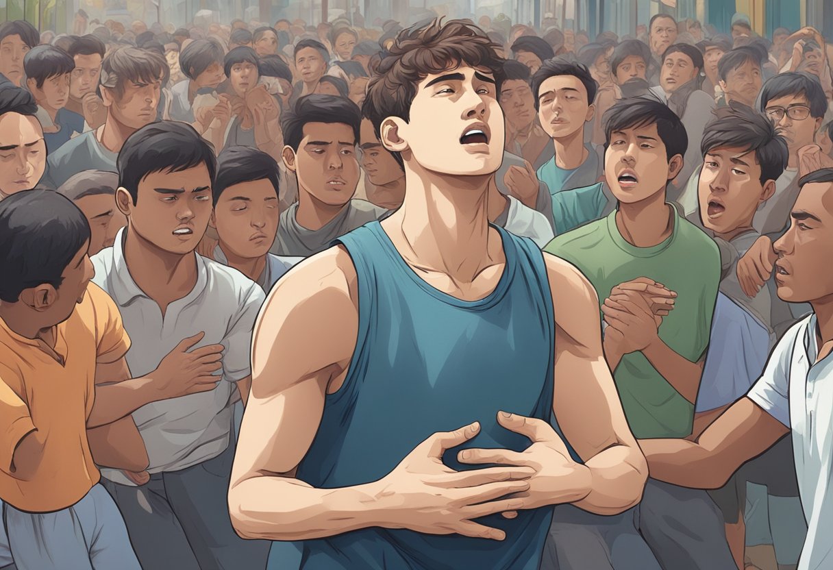 A young man clutches his chest in pain, sweat beads on his forehead, as bystanders rush to help