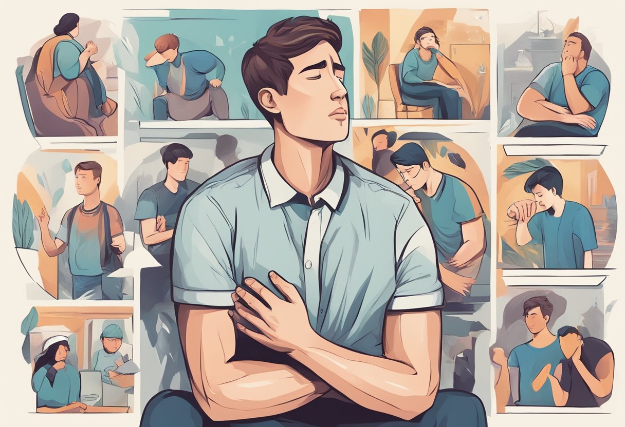 A young man clutches his chest in pain, surrounded by stressors like smoking, unhealthy diet, and lack of exercise