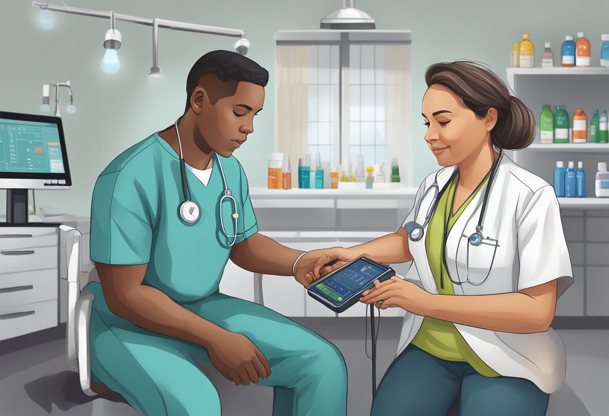 A nurse monitors CHF patient's vital signs and administers medications