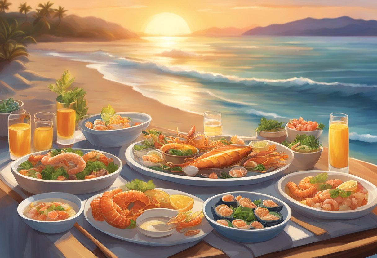 The sun sets over a beach, casting a warm glow on a table filled with signature seafood dishes and delicacies. Waves gently crash in the background, creating a serene atmosphere
