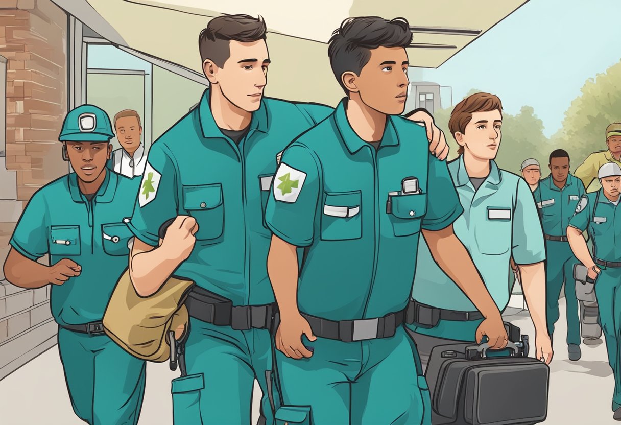 Paramedics rush to a young man clutching his chest. A defibrillator and medical equipment are deployed. Onlookers watch in concern
