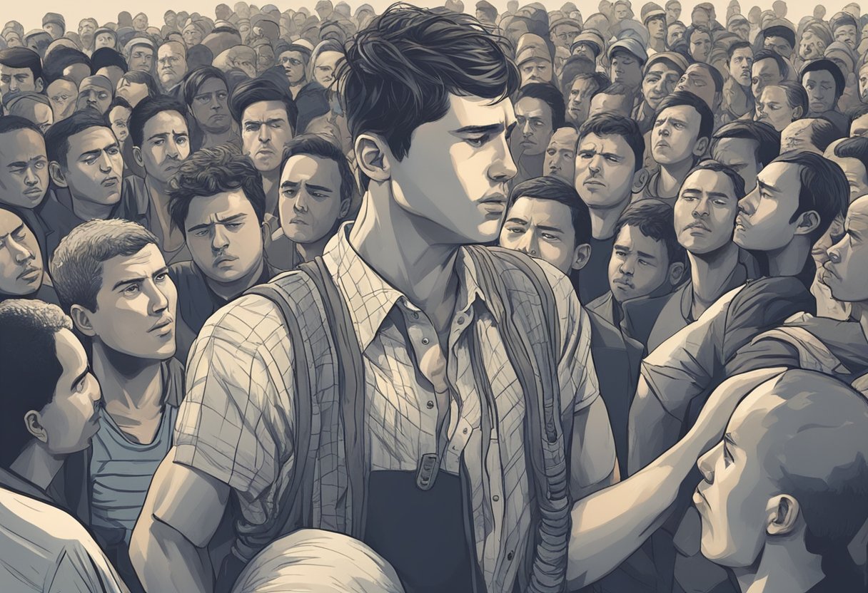 A young man clutches his chest in pain, sweat beads on his forehead. A crowd gathers, concerned faces staring