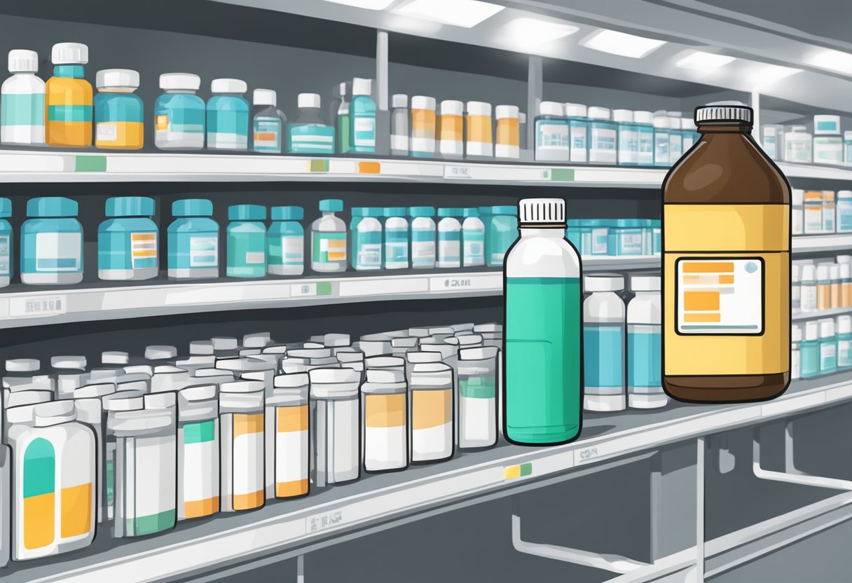 A bottle of dextromethorphan sits on a pharmacy shelf, with a heart rate monitor in the background