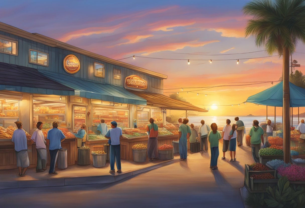 A vibrant sunset illuminates a serene seafood market at the end of Sunset Way, where customers line up with frequently asked questions