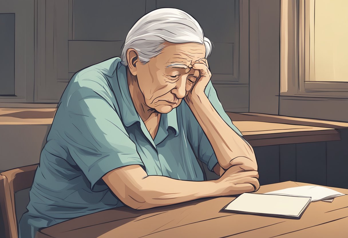 An elderly person sitting alone, clutching their chest in distress, with a worried expression on their face
