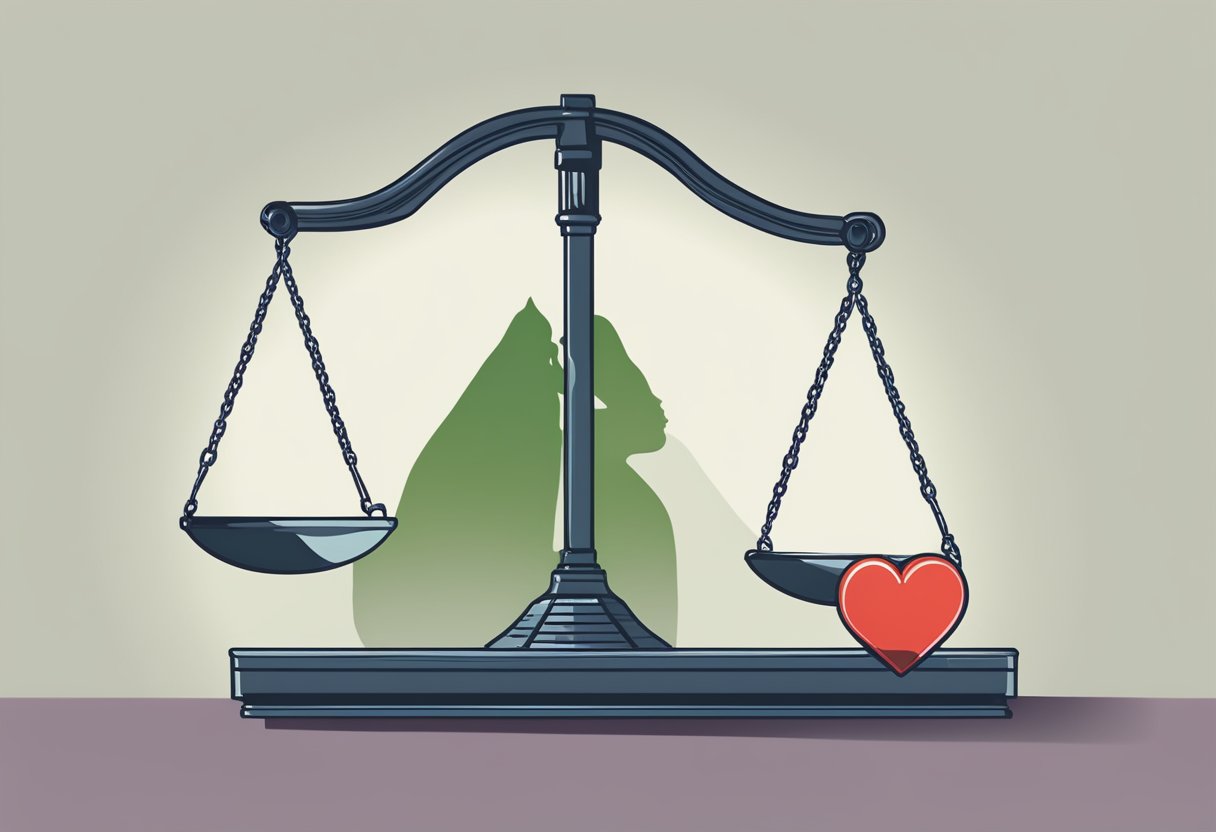 A scale tipping downward, a heart with a crack, and a shadow of a figure fading away