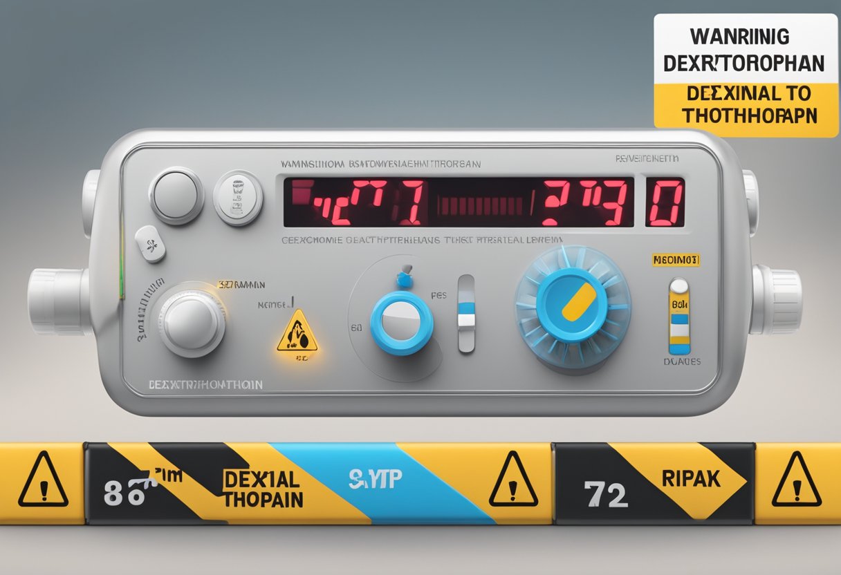 A heart rate monitor displaying irregular spikes, with a warning label for dextromethorphan, surrounded by caution signs