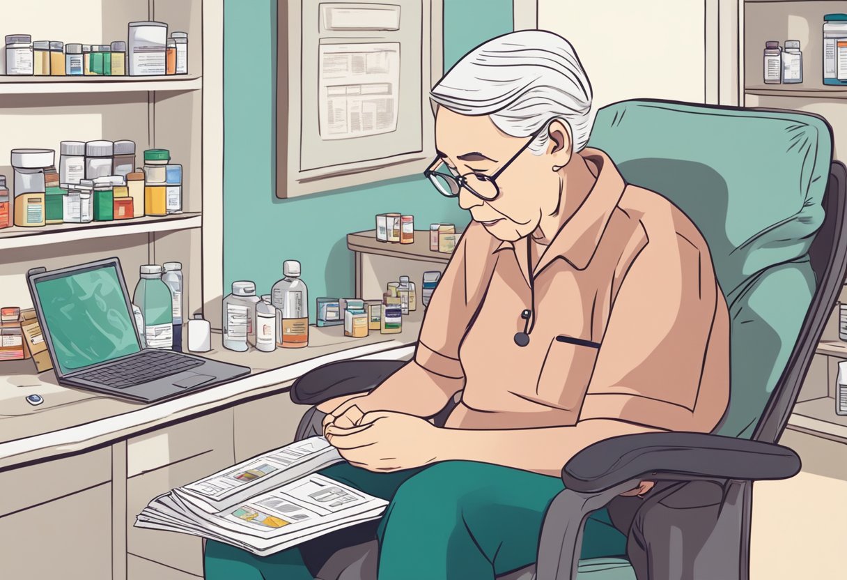 An elderly person sitting in a chair, surrounded by medical equipment and prescription medications, with a concerned caregiver looking at a heart failure pamphlet