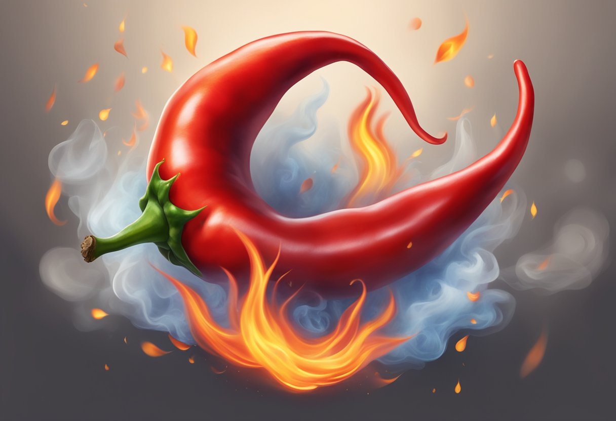 A red hot chili pepper bursts, surrounded by flames and smoke
