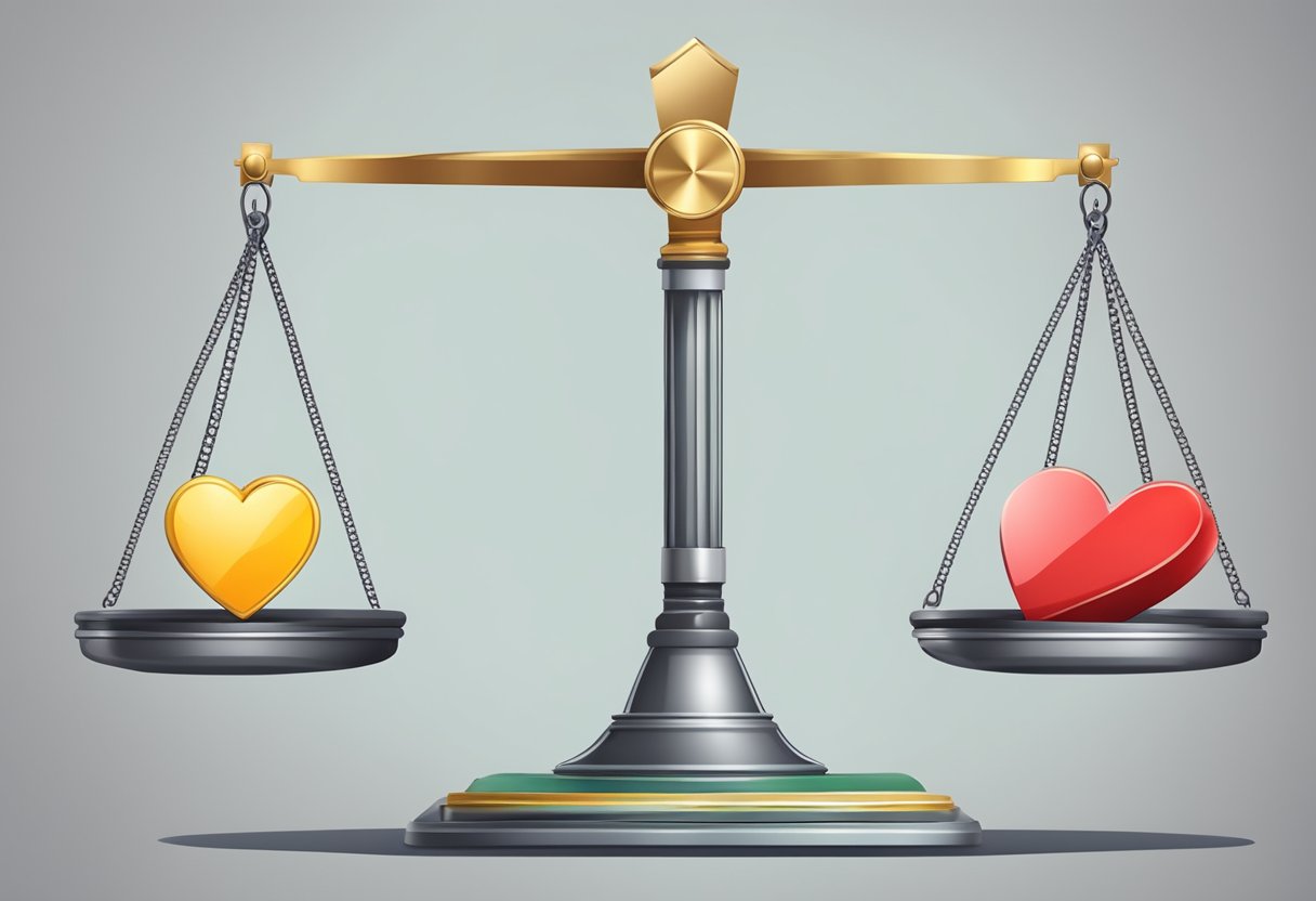 A scale with a heart symbol, a downward arrow, and a tombstone symbol