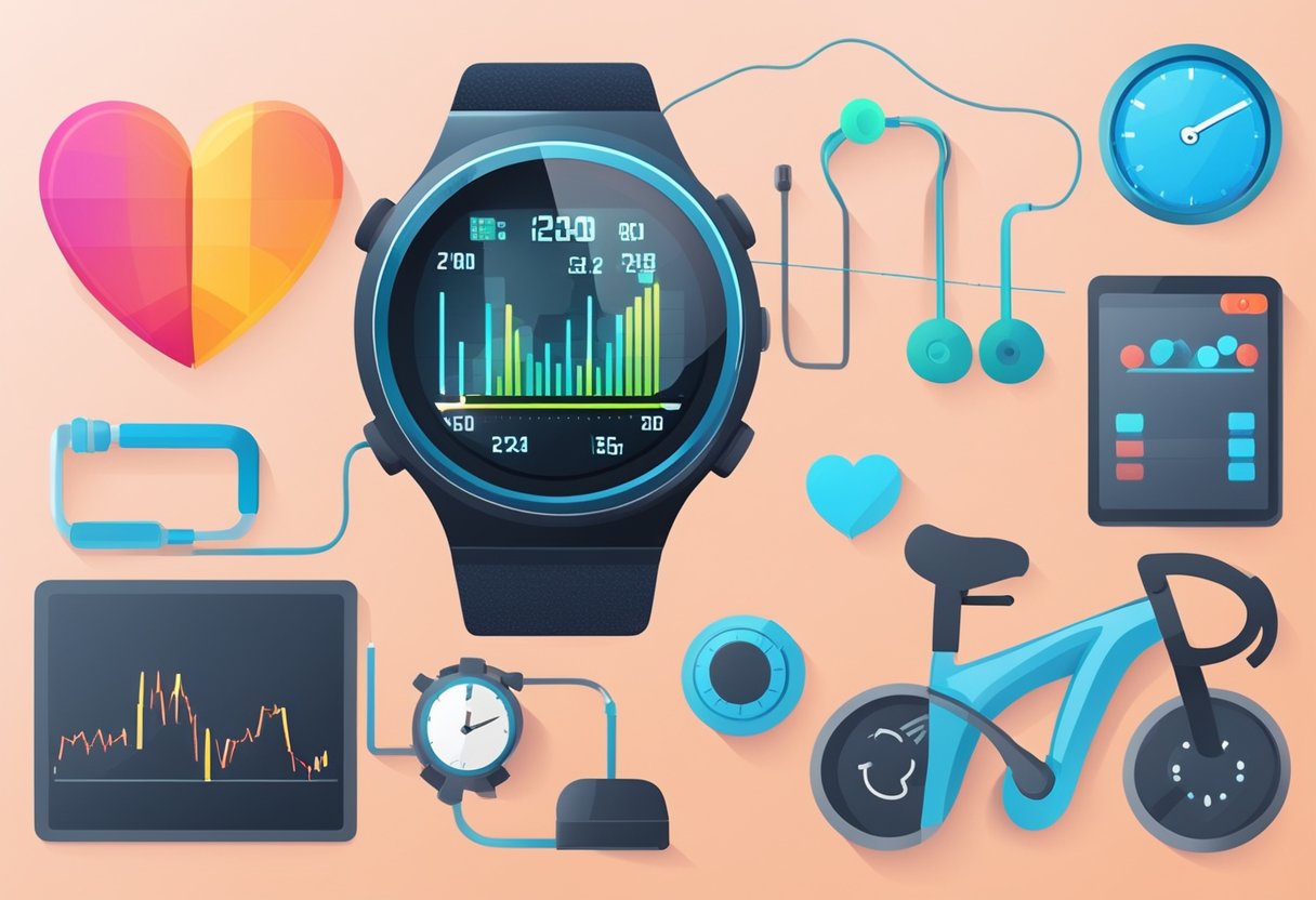 A heart rate monitor displaying a fluctuating heart rate graph, surrounded by fitness equipment and a stopwatch