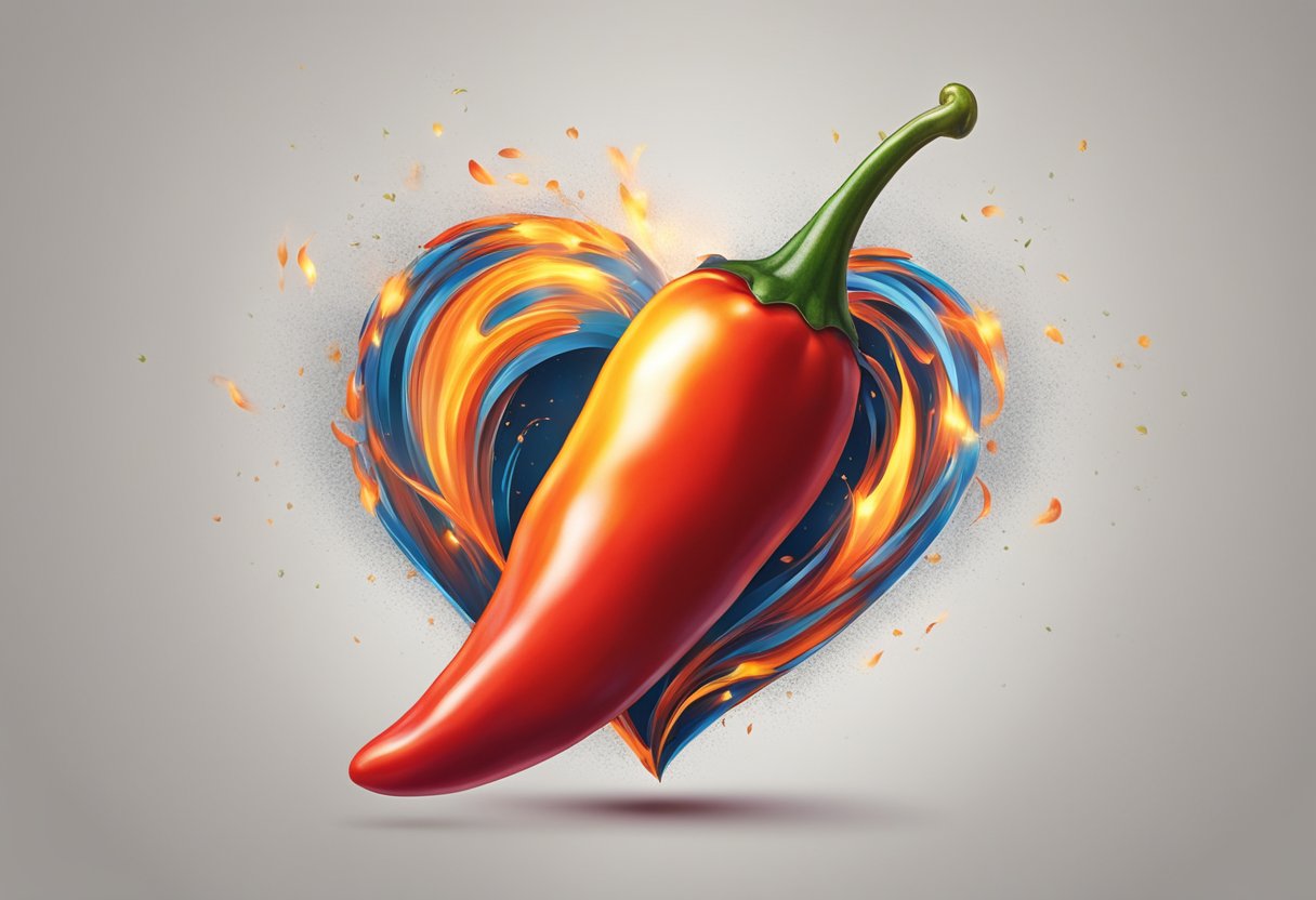 A red hot chilli pepper bursts open, releasing fiery sparks that swirl around a pulsating heart