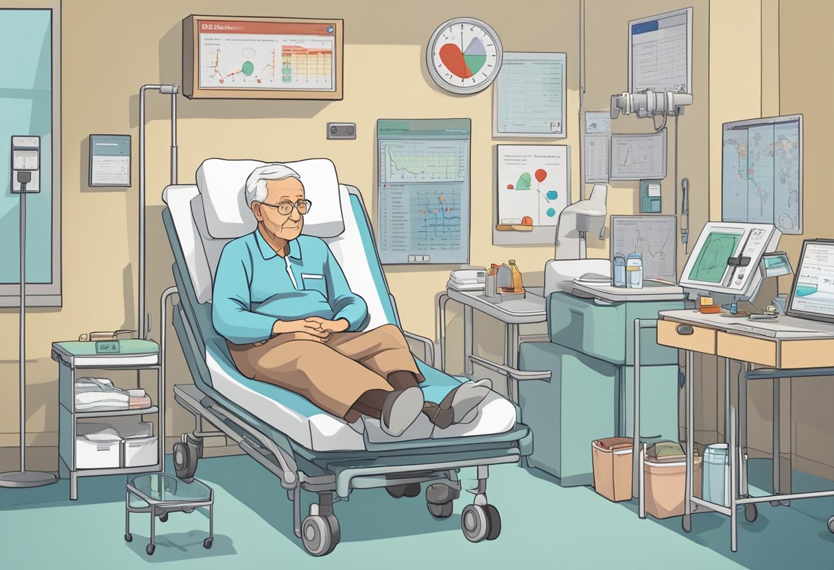 An elderly person sitting in a hospital bed, surrounded by medical equipment and charts showing heart function and life expectancy