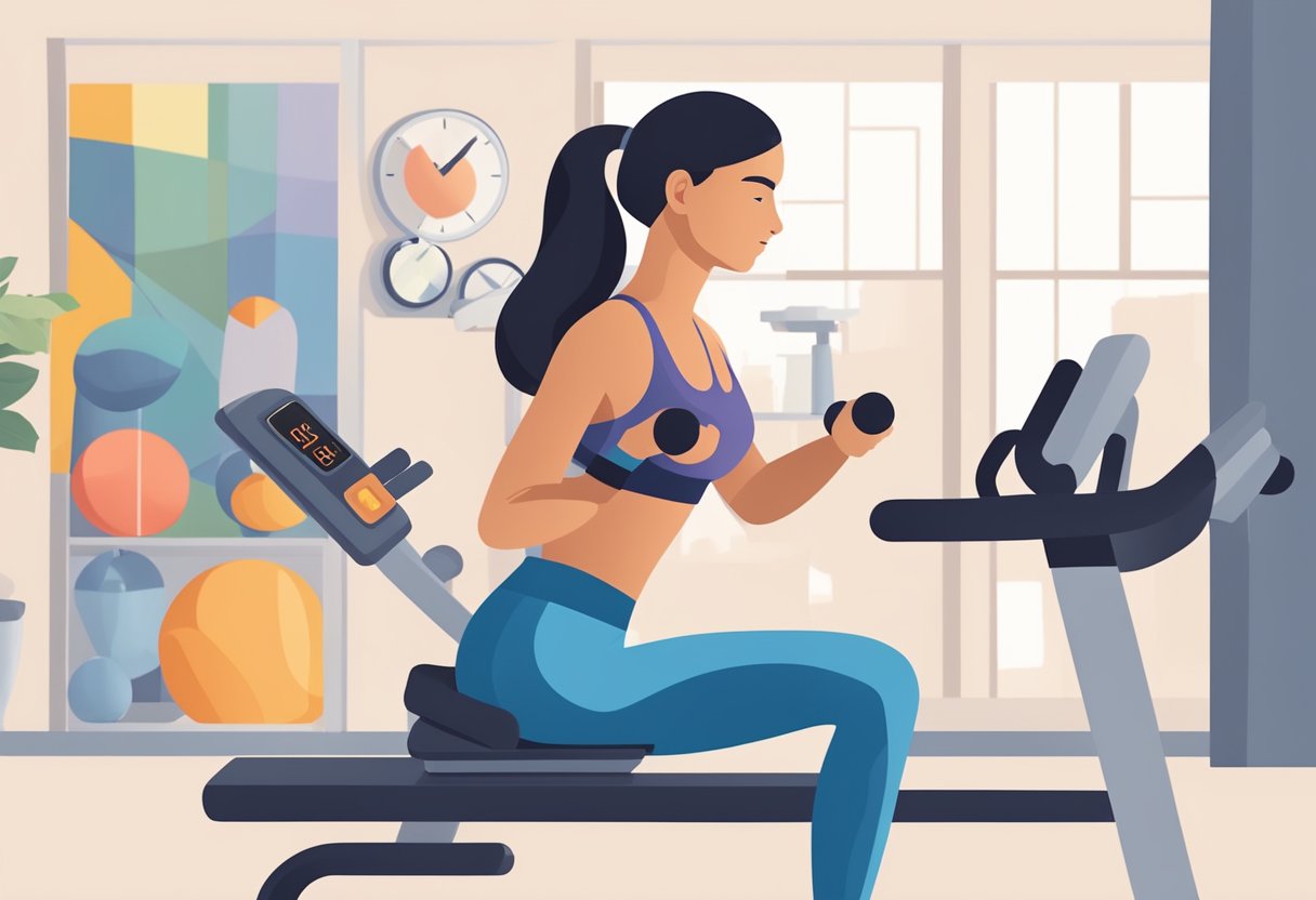 A heart rate monitor displays a range of numbers while a person prepares to exercise, surrounded by workout equipment