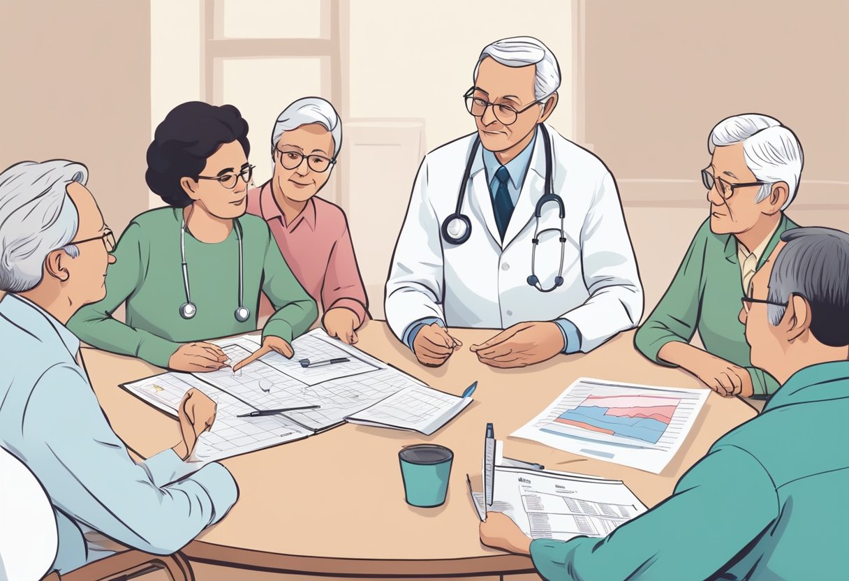 A group of elderly individuals gathered around a table, discussing heart failure and life expectancy. Charts and graphs are spread out, while a doctor explains key points