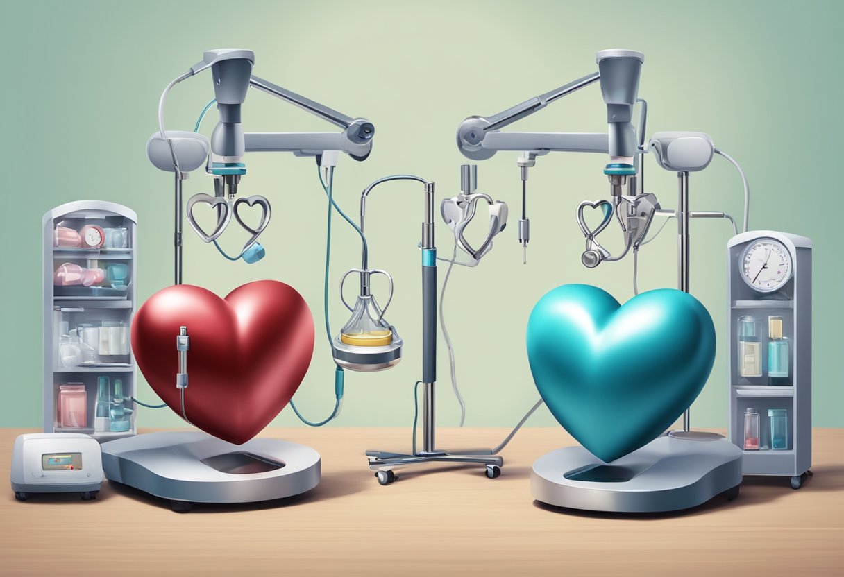 Two hearts failing in succession, surrounded by medical equipment