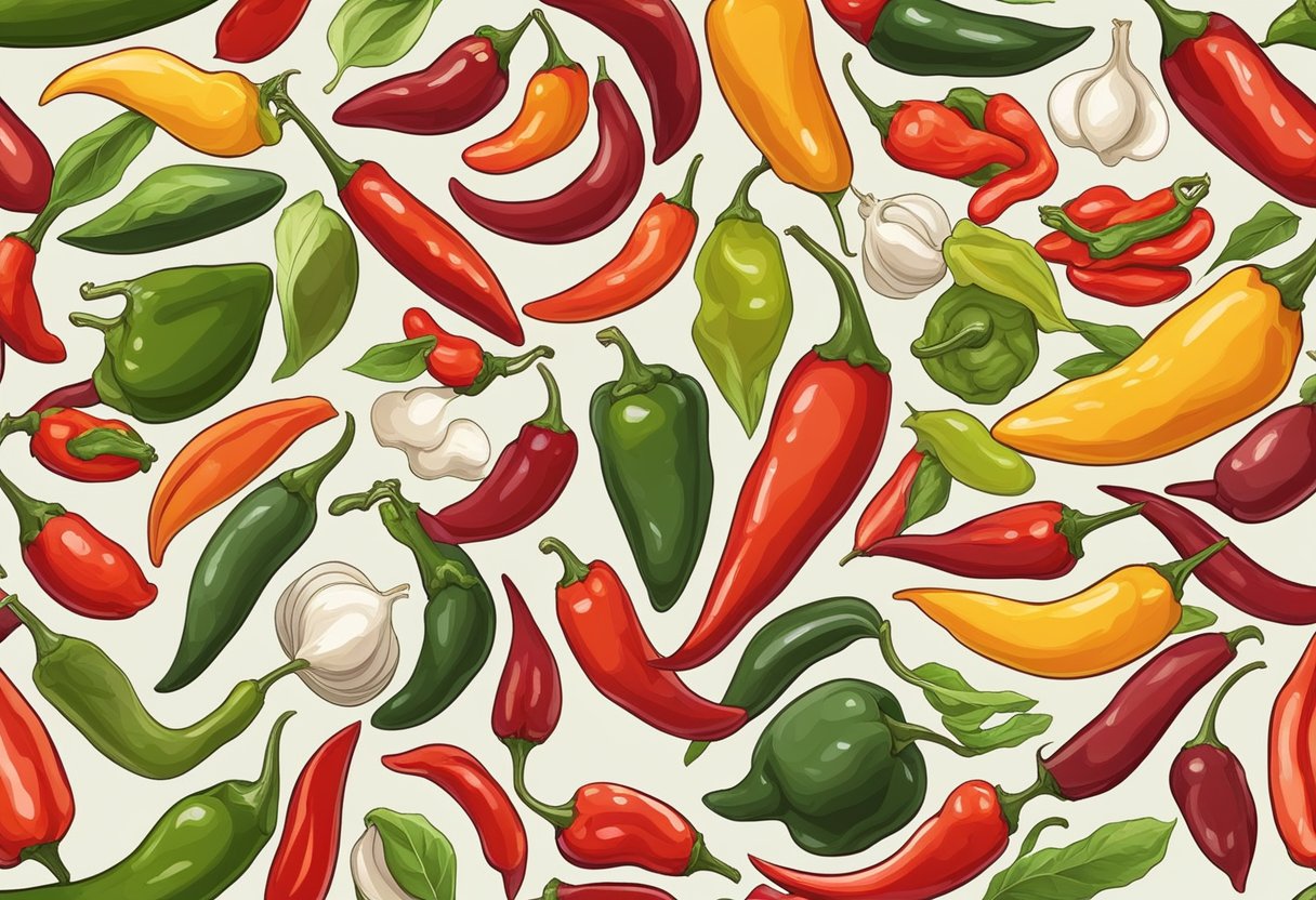 A diverse array of chili peppers, from mild to spicy, displayed on a table with various cuisines from around the world