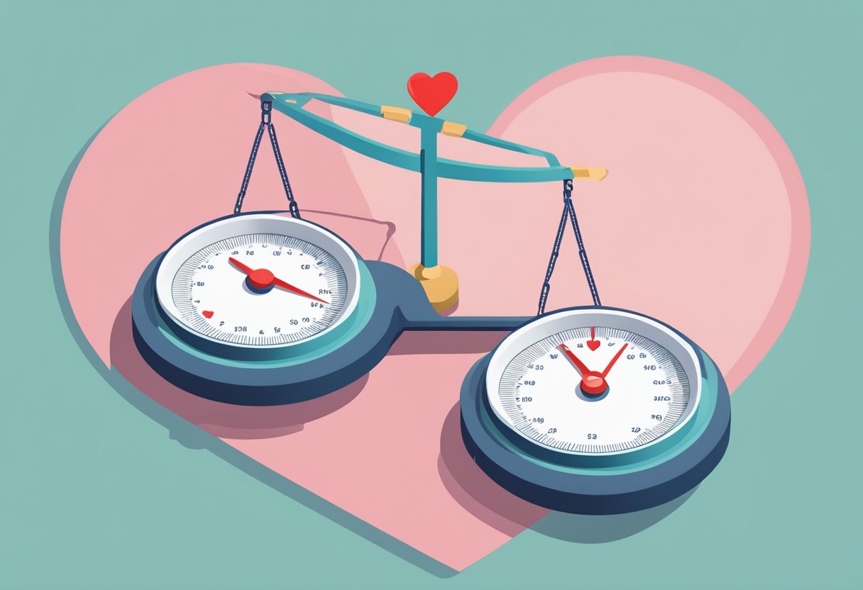 A scale surrounded by question marks and a heart symbol, representing the link between weight loss and mortality risk in heart failure