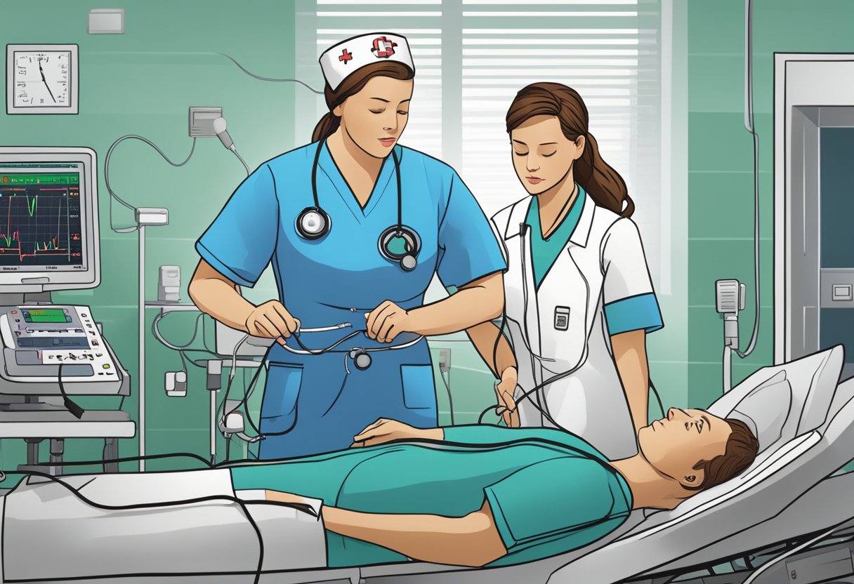 A heart monitor flatlines as a nurse rushes in with a defibrillator