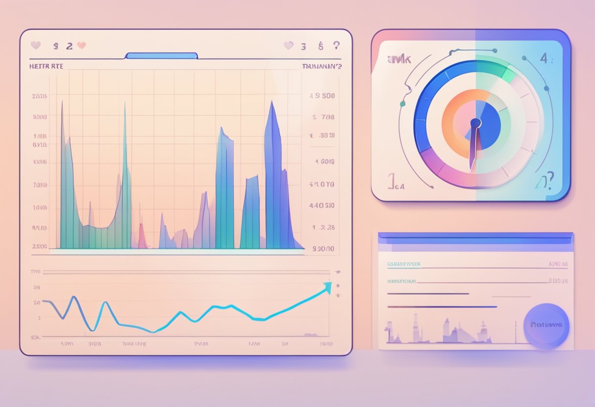 A heart rate monitor displaying a graph with fluctuating peaks and valleys. A list of questions and answers about heart rate training displayed nearby
