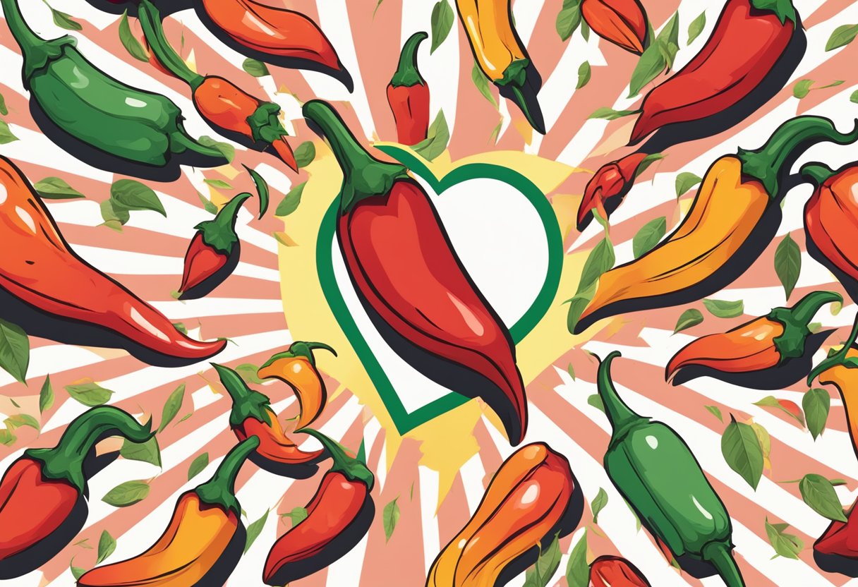 A chilli pepper surrounded by question marks, with a lightning bolt symbolizing a heart attack