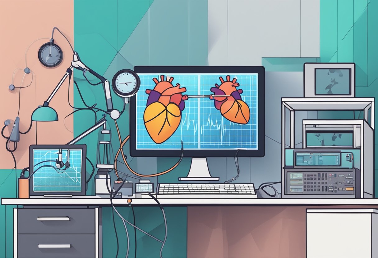 A heart beating irregularly, with erratic patterns and varying intensity, surrounded by medical equipment and monitors