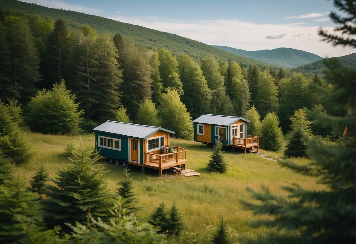 A cluster of colorful tiny homes nestled among lush green trees in a serene Vermont landscape