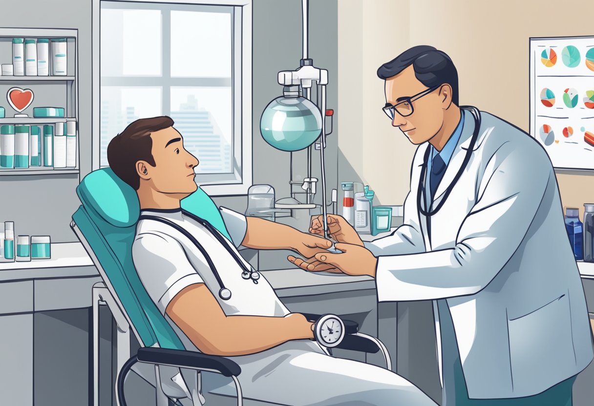 A doctor administers medication to a patient with heart failure. Medical equipment and charts are visible in the background