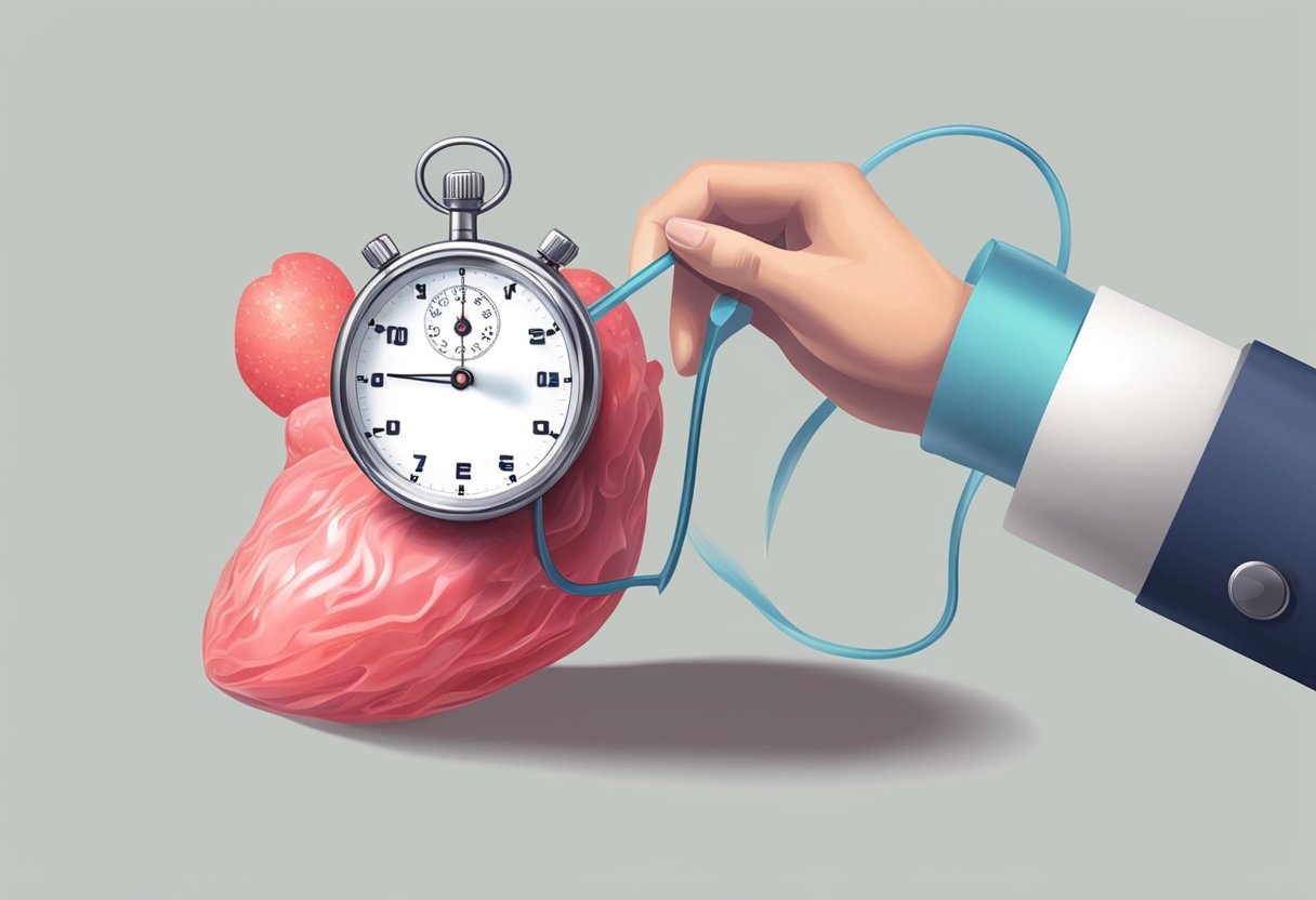 A person's heart racing after consuming sugar, with a stopwatch showing the passage of time