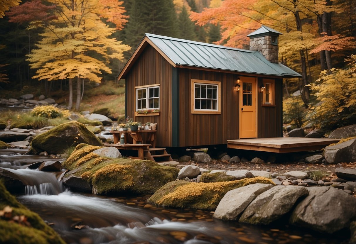 A cozy tiny home nestled in a lush Vermont landscape, surrounded by colorful autumn foliage and a tranquil stream