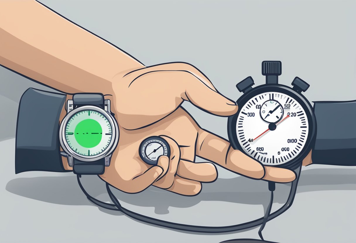 A hand reaching for a stopwatch, with a heart rate monitor in the background showing a normal reading
