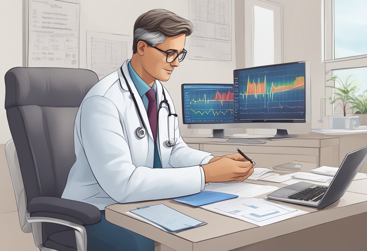 A doctor examines EKG results, prescribes medication, and discusses lifestyle changes for managing heart palpitations vs arrhythmia