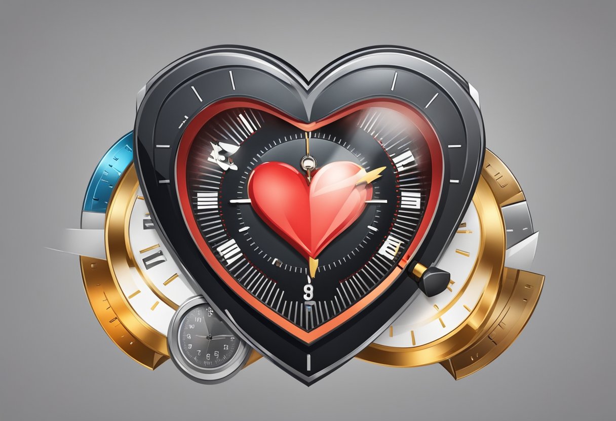 A heart surrounded by a shield, with a stopwatch showing 7 seconds, symbolizing prevention of heart attacks
