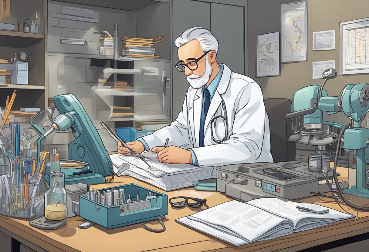A lab-coated scientist examines a nuclear cardiology journal at a cluttered desk, surrounded by medical equipment and charts