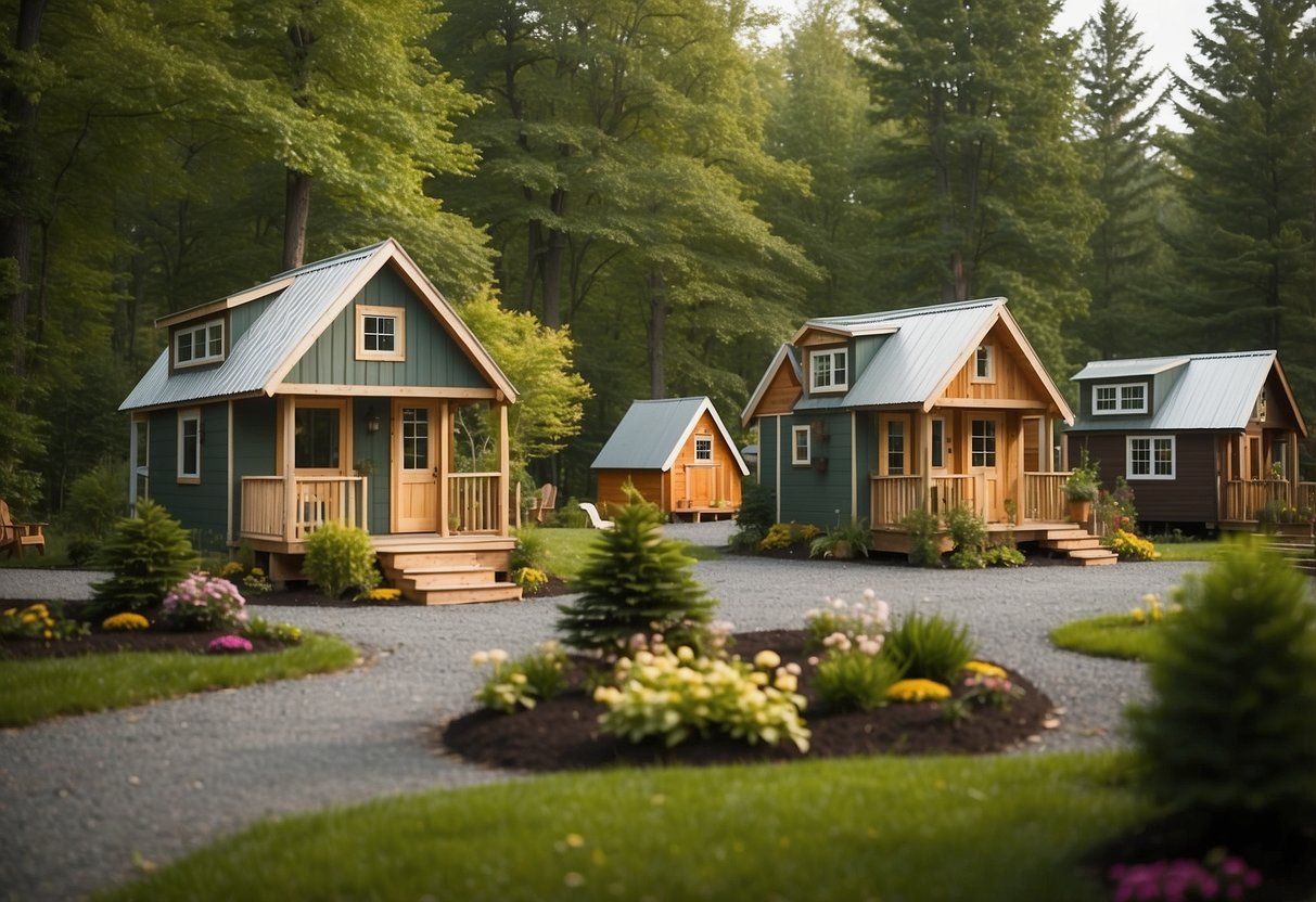 A cluster of cozy tiny homes nestled among lush green trees in a serene Vermont community. Each home is uniquely designed, with colorful exteriors and small gardens, creating a charming and inviting atmosphere