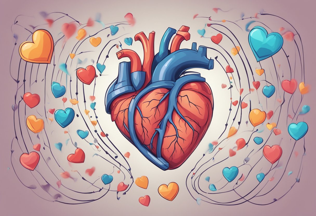 A heart with question marks floating around it, symbolizing confusion between heart palpitations and arrhythmia