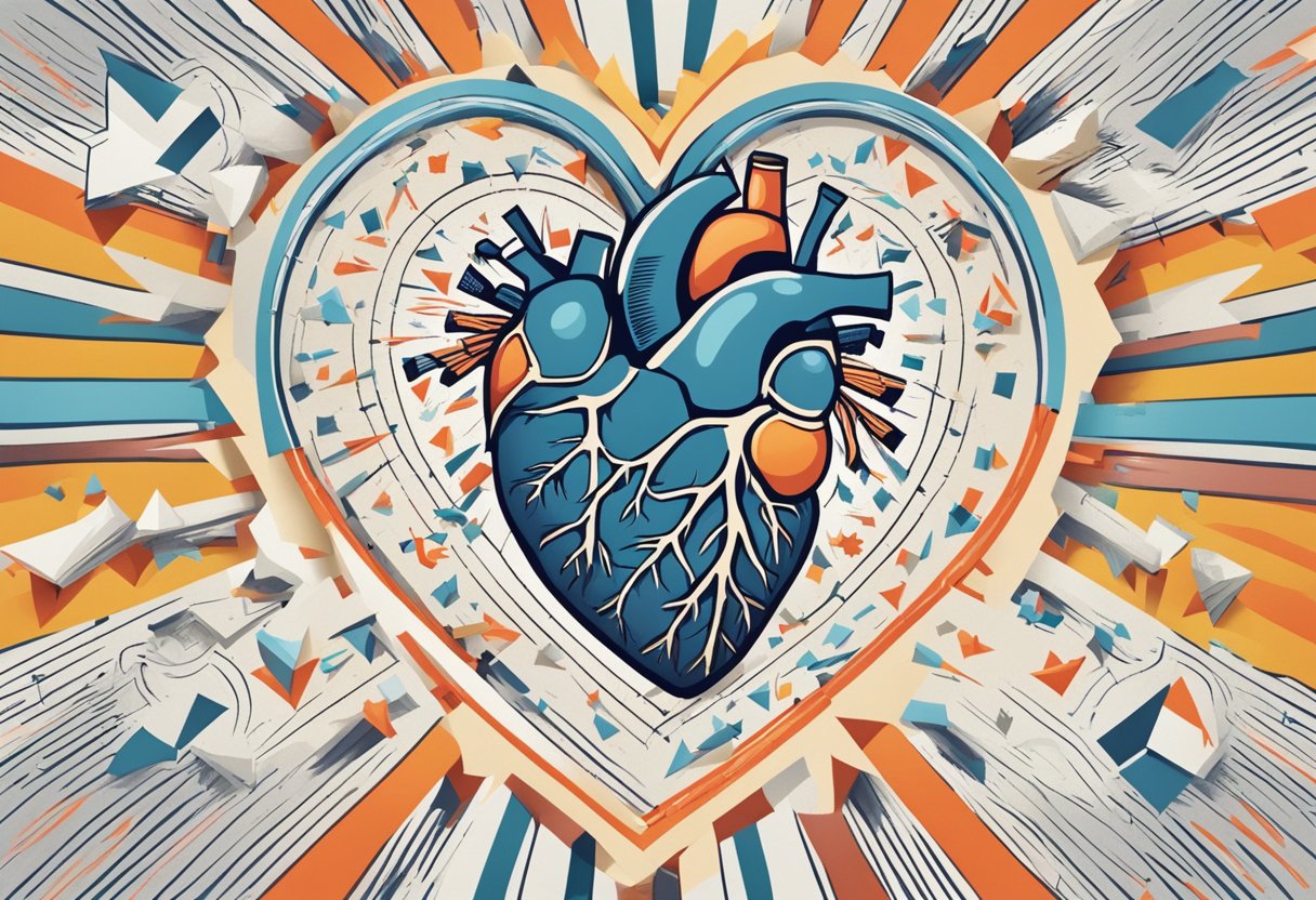A heart with jagged lines, radiating pain, surrounded by warning signs and symbols of danger