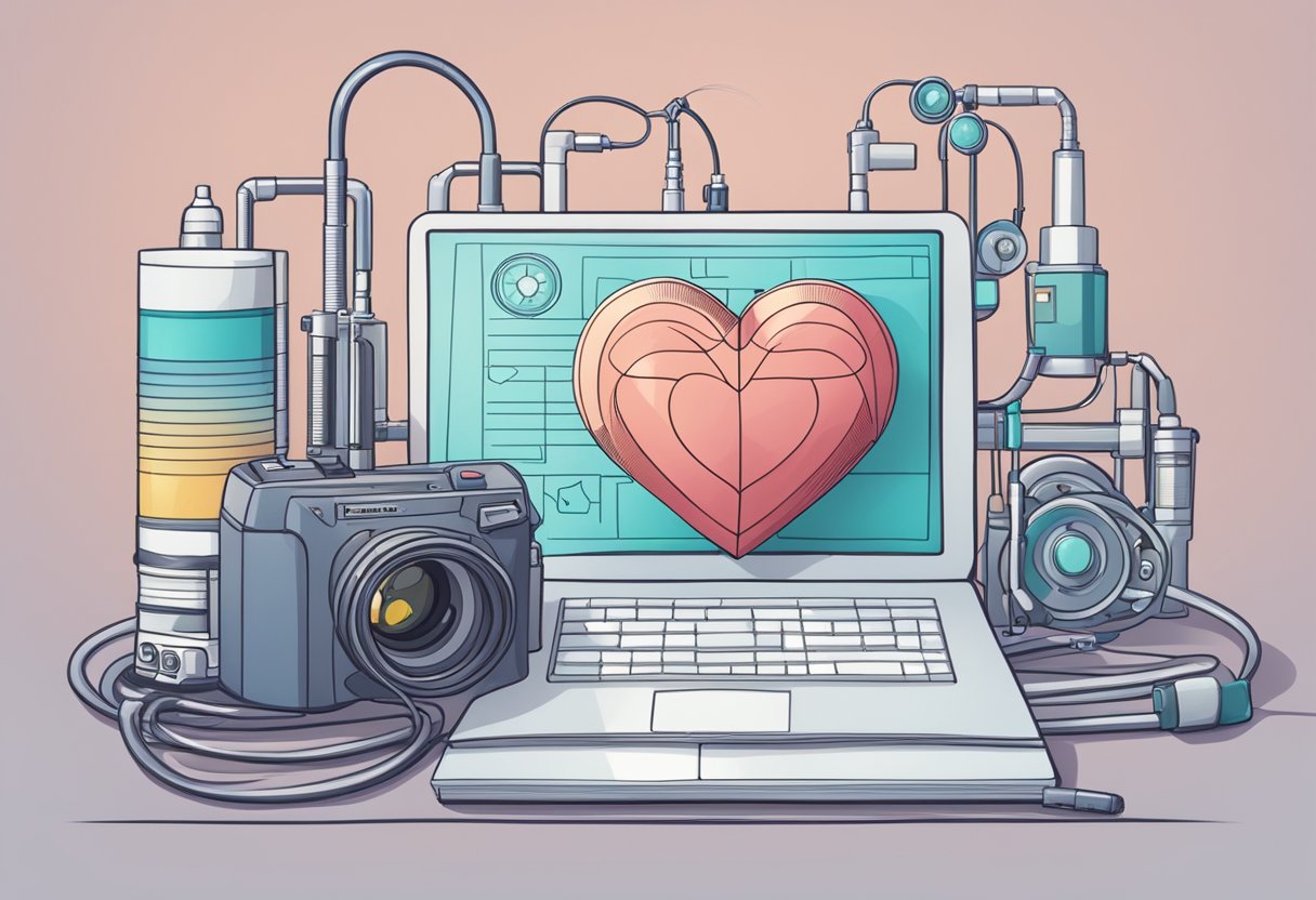 A heart-shaped nuclear medicine camera surrounded by medical equipment and a journal titled "Fundamentals of Nuclear Cardiology."