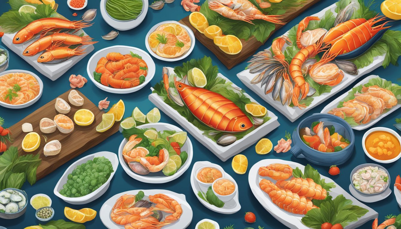 A vibrant seafood table spread in Singapore, showcasing an array of fresh and colorful seafood varieties