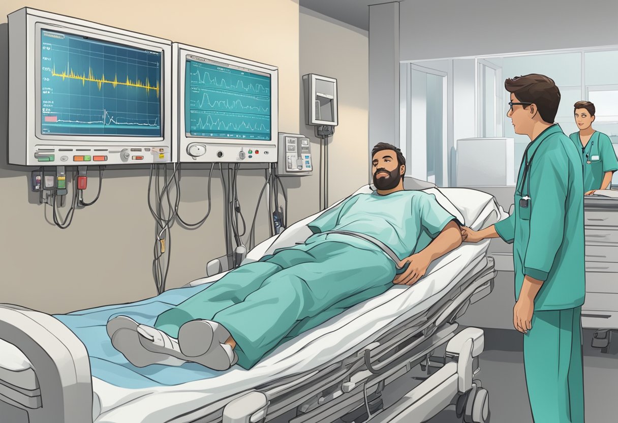 A heart monitor beeping rapidly, medical staff rushing, and a patient lying motionless on a hospital bed