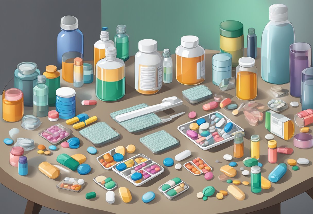 A table scattered with various pills, bottles, and medical equipment for congestive heart failure treatment