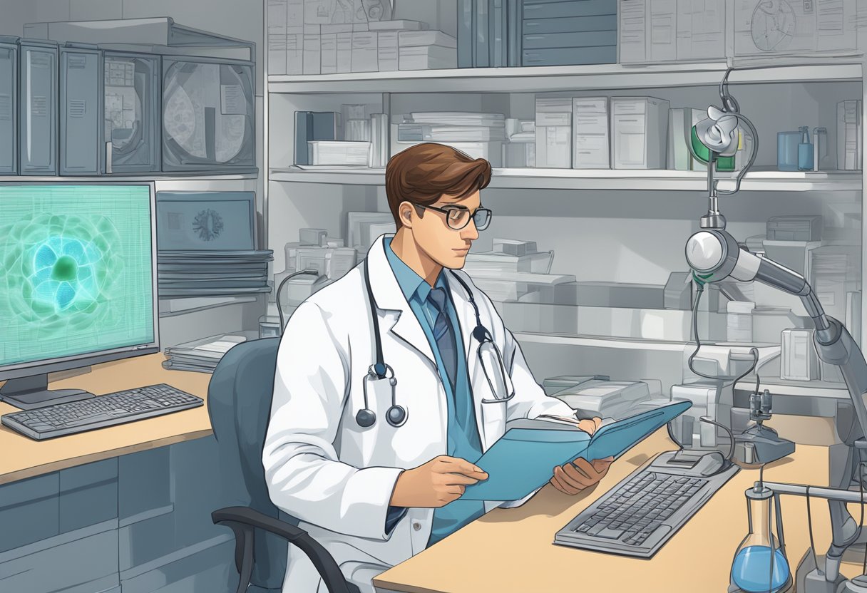 A scientist in a lab coat examines a nuclear cardiology journal with a stethoscope and a computer monitor in the background