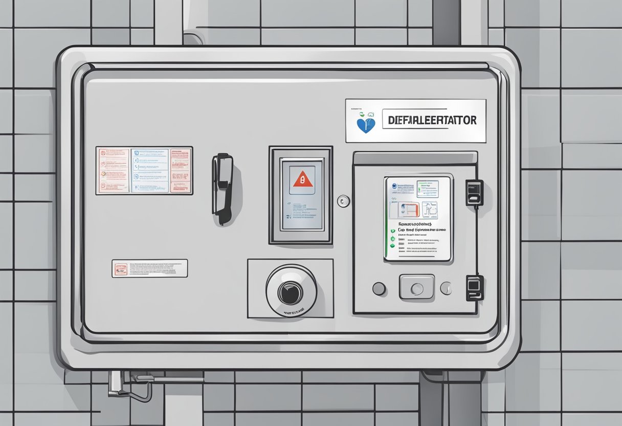 A defibrillator being placed on a wall, with clear instructions and a diagram for quick access and use in case of emergency