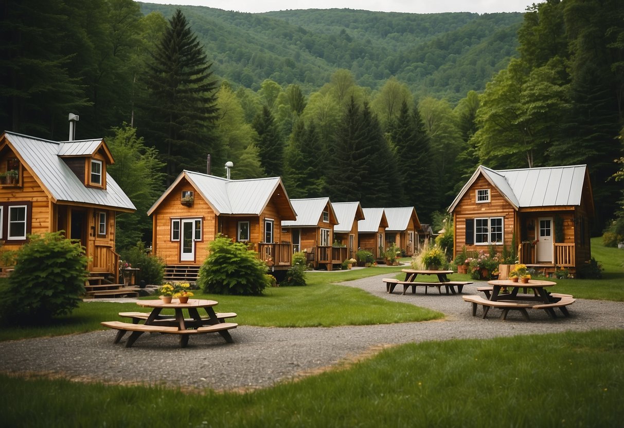 A cluster of quaint tiny homes nestled among lush green mountains in Vermont, with residents engaging in communal activities and enjoying a sense of close-knit community