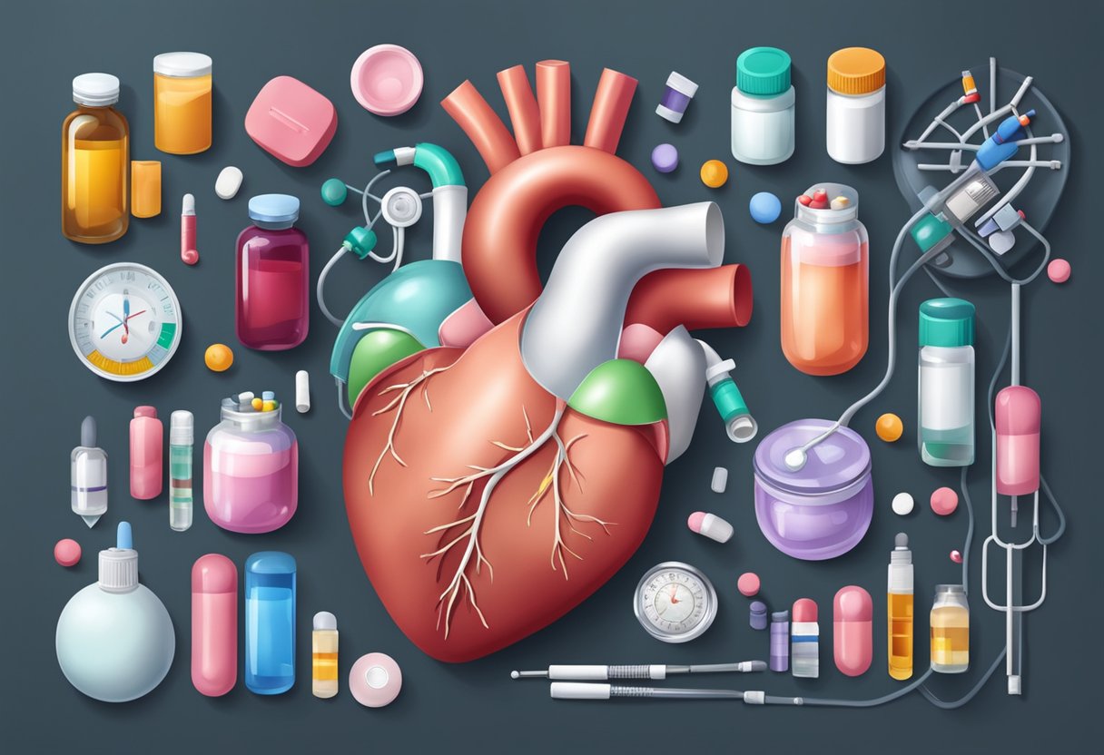 A heart-shaped organ surrounded by various medications and medical equipment