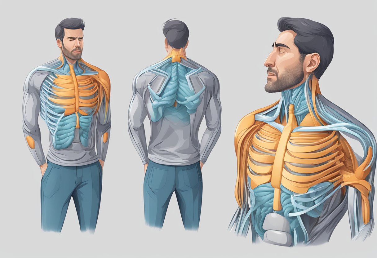 A sudden, crushing pressure in the chest, radiating to the arms and jaw. Shortness of breath, sweating, and dizziness