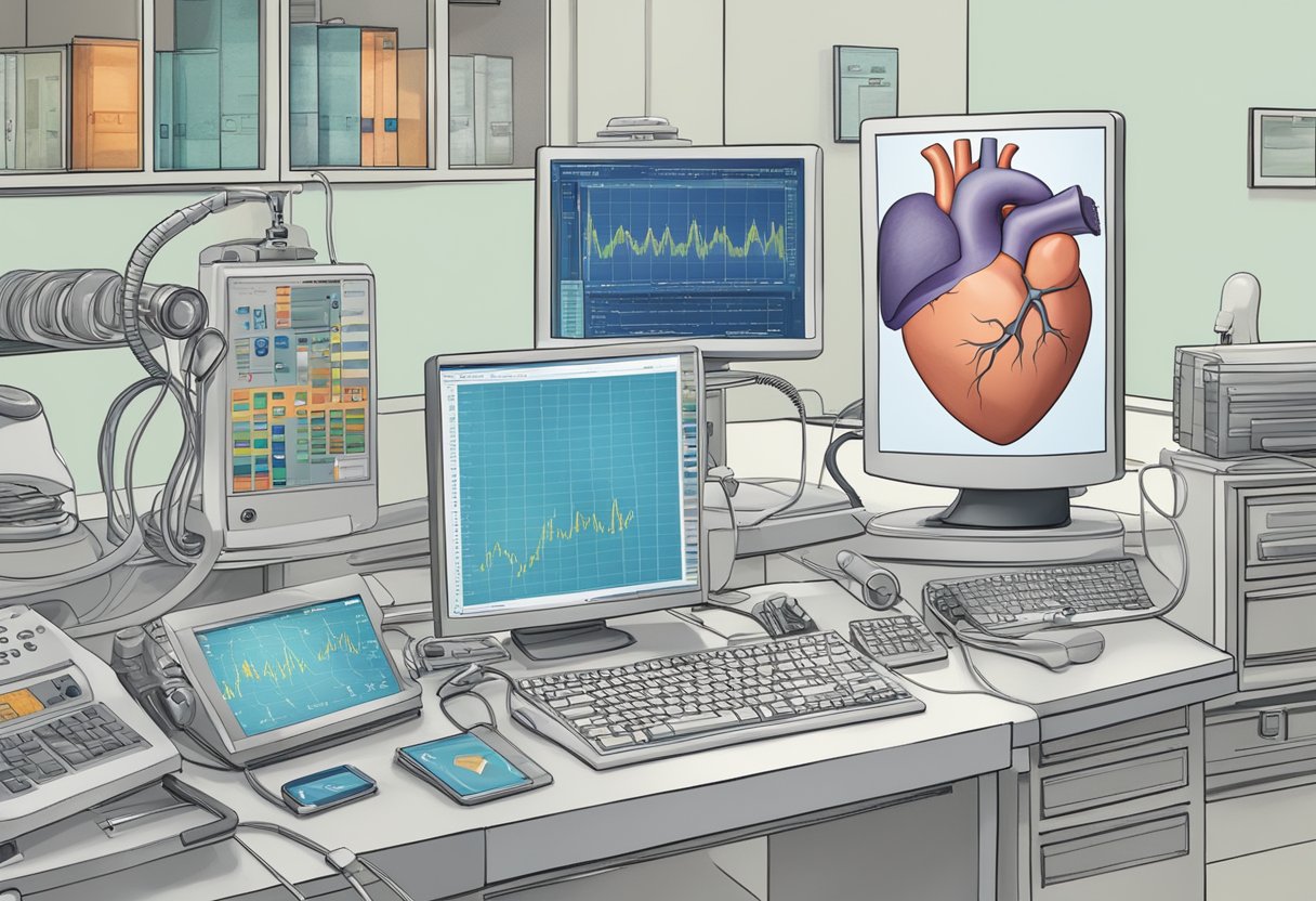 A journal titled "Frequently Asked Questions in Nuclear Cardiology" surrounded by medical equipment and a computer screen displaying cardiac images